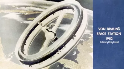 Dès 1952, le scientifique W. Von Braun, qui a joué un grand rôle dans la mise au point des fusées, imaginait un vaisseau avec une gravité artificielle, reproduite à l’aide d’une roue tournant sur elle-même. Dès 1952, le scientifique W. Von Braun, qui a joué un grand rôle dans la mise au point des fusées, imaginait un vaisseau avec une gravité artificielle, reproduite à l’aide d’une roue tournant sur elle-même.